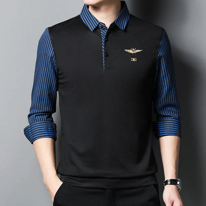 2025 New Men's Casual and Fashionable Long Sleeved POLO Shirt with Contrasting Print Anti Wrinkle Top
