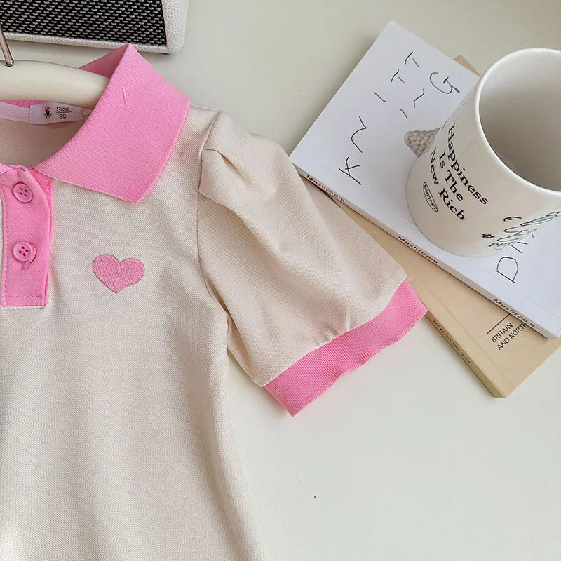 2026 Summer Stylish Girls' Polo Shirt Dresses 1-7Y Trendy Embroidered Heart Lapel Dress for Kid's Children's Clothing Outfit