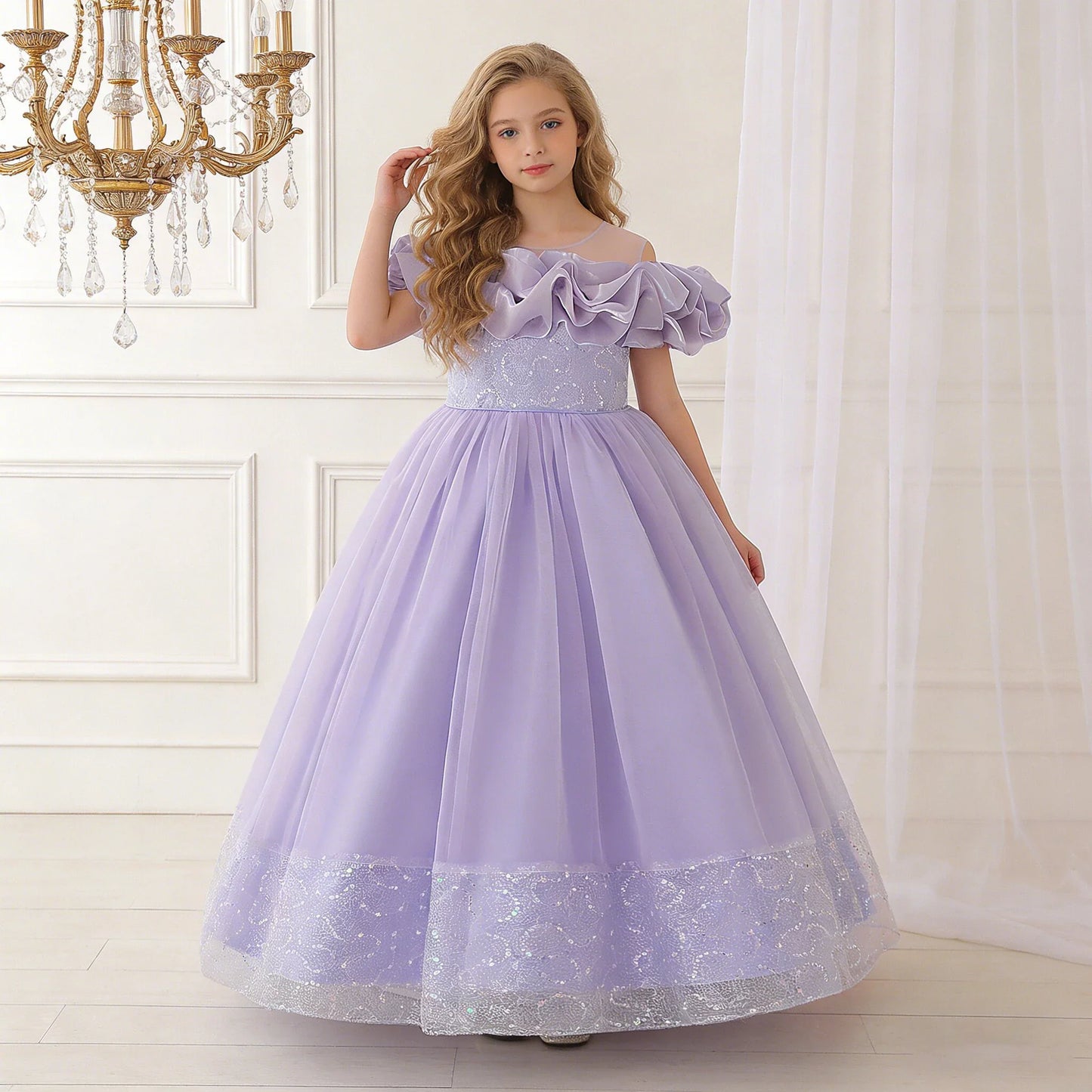 Summer Flower Bridesmaids Party Girls Dress Elegant Sequin Tulle Wedding Princess Prom Dresses for Girl Birthday Evening Costume