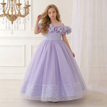 Summer Flower Bridesmaids Party Girls Dress Elegant Sequin Tulle Wedding Princess Prom Dresses for Girl Birthday Evening Costume