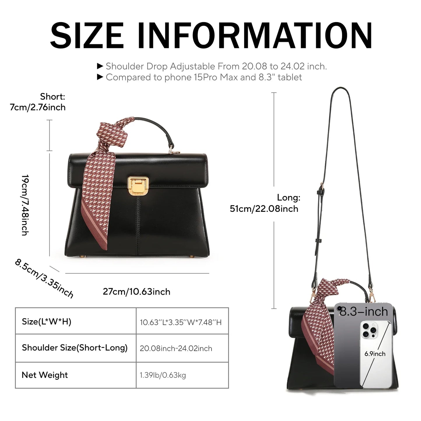 Genuine Leather Handbag with Scarf | Luxury Designer Trendy Shoulder Bag Solid Color Commuting Bag | bags for women gift