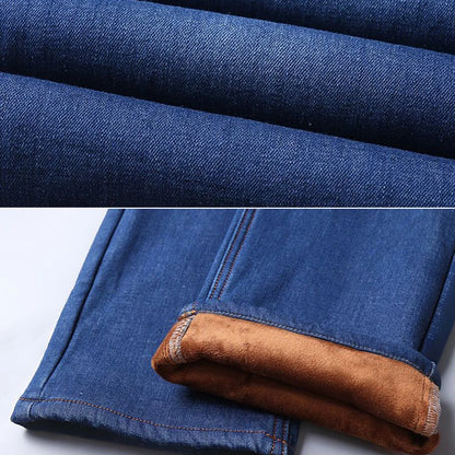 Men New Fashion Winter Warm Jeans Male Fleece Lined Thickened Denim Pants Loose Straight Comfortable Casual Black Blue Trousers
