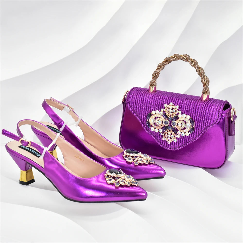 New Fashion Women Shoes and Bags To Match Set Nigeria Party Nigeria Italian Shoes and Matching Bags Decorated with Rhinestone
