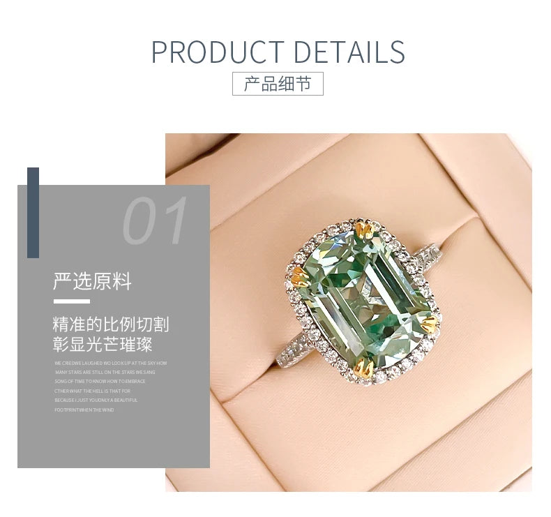 Luxurious light green tourmaline 925 sterling silver ring set with high carbon diamond temperament niche and versatile for women