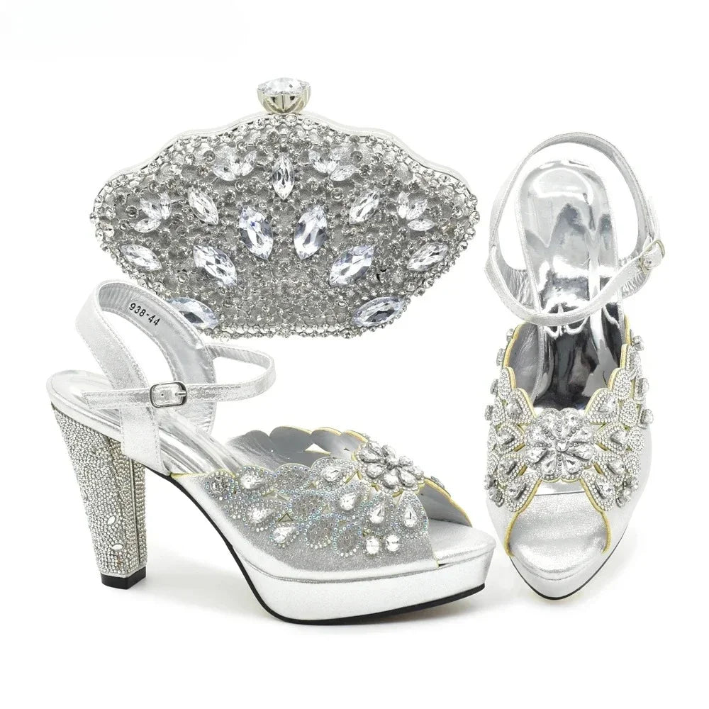 New Arrival Italian Party Shoes and Bag Set Decorated with Rhinestone African Women Wedding Shoes Bride Plus Size Women Shoes 43
