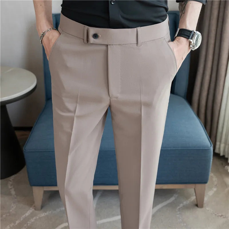 Stretch Solid Color Men's Trousers, Suitable for Business Casual, Parties, Formal Events, and Ankle-length Slim Pants.28-40