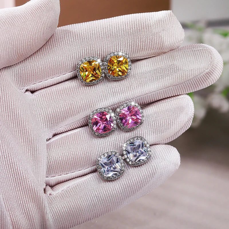 Ne'w Bright White/Yellow/Pink CZ Stud Earrings for Women Fashion Contracted Jewelry High Quality Wedding Engagement
