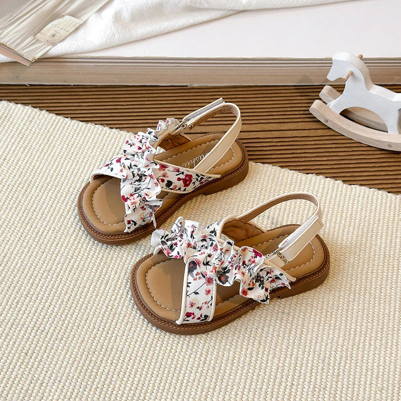 Summer Girl's Sandals Open Toe Flower Hook-loop Chic Kid's Flat Shoe Solid Colors Light Comfy Casual Daily Children Shoes 23-33