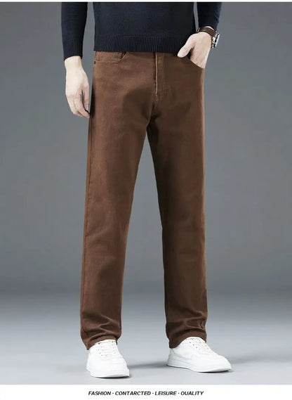 2026 Autumn Winter New Trendy Classic Jeans Male Solid Color Washed Straight Denim Pants Wide Leg Business Casual Stretchy Jeans