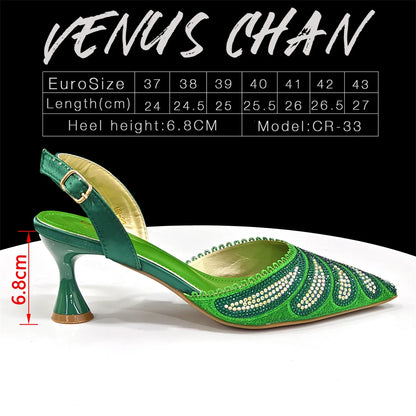 New Green Colour Pointed-Toe Diamond-Studded Party Women's High Heels Gorgeous Parties Shoes and Bag to Match
