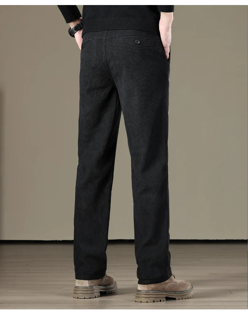 Winter Men Business Fleece Thick Casual Pants Straight Velvet Corduroy Warm Cold Resistant Bottoms Elastic Waist Trousers
