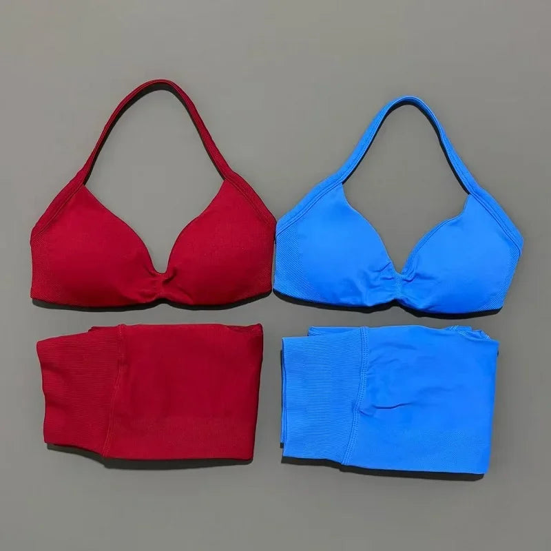 2 Piece Sports Set Women Yoga Backless Halter Bra High Waist Scrunch Seamless Pants Sport Suit Gym Sportswear Workout Set