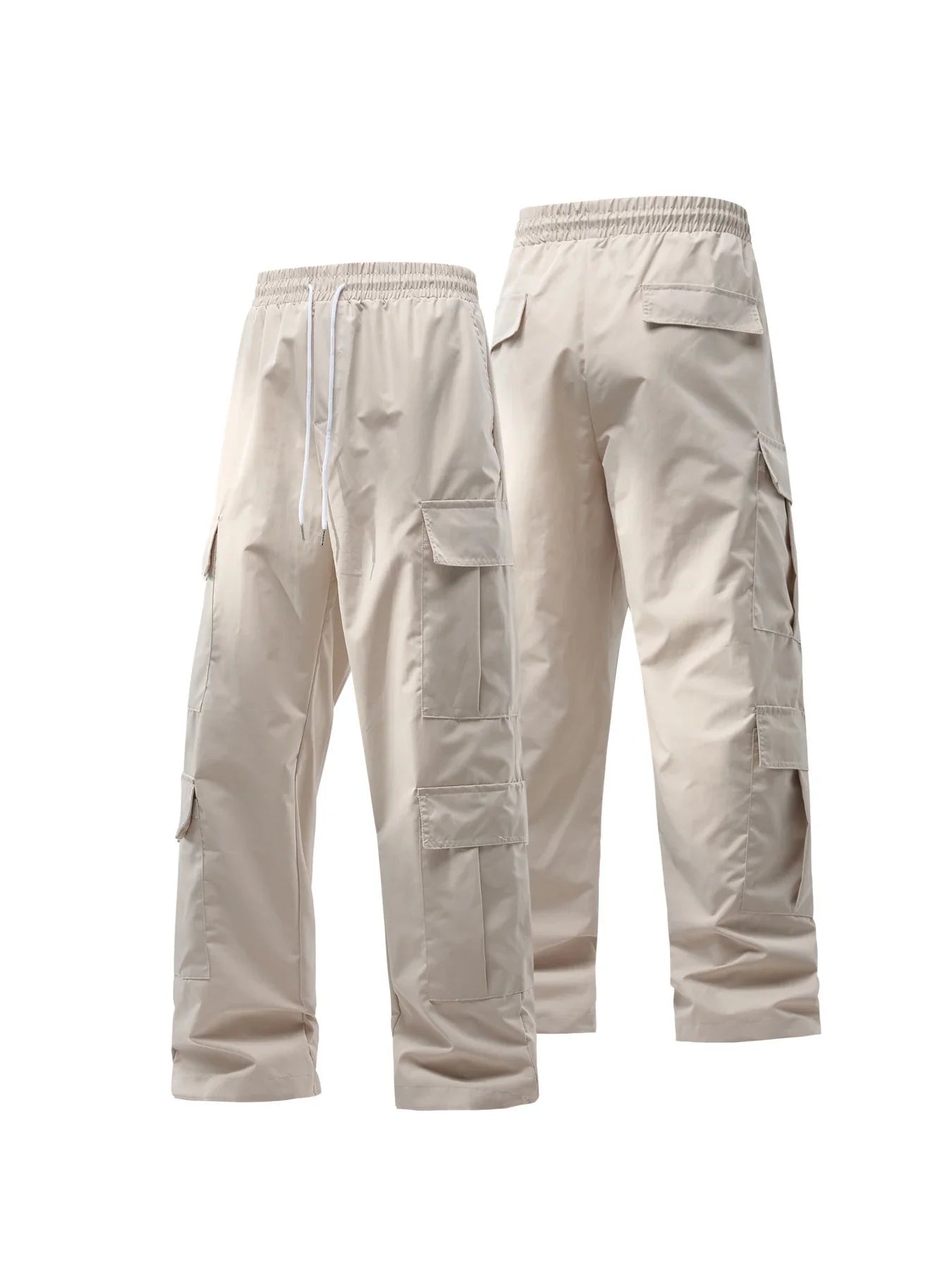 Men's Spring and Autumn Multi-Pocket Cargo Pants with Elastic Waistband and Drawstring Adjustment, Solid Color Multi-Pocket Long Pants Suitable for Outdoor Sports and Leisure
