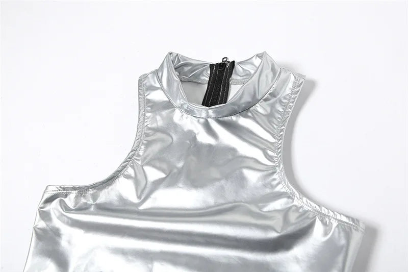Summer Sleeveless Sexy Bodysuit Slim Silver Y2k Clothes Skinny High Waist One-pieces Women O-neck Hot Bodys Para Mujer De Vestir