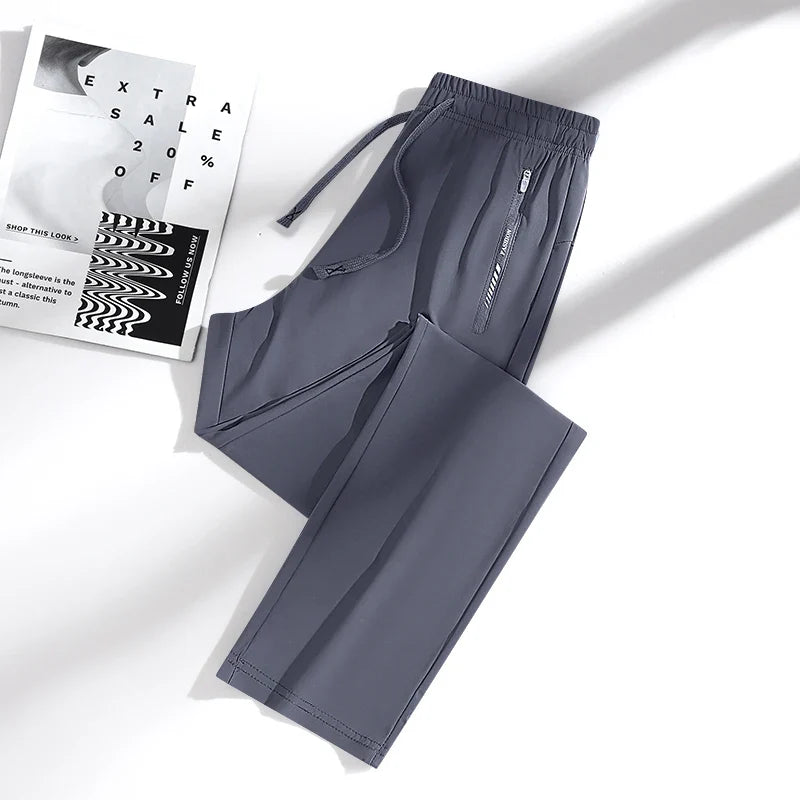 New High Quality Ice Silk Men's Women's Pants Summer Thin Loose Quick Drying Breathable Sports Straight Leg Tie Casual Pants