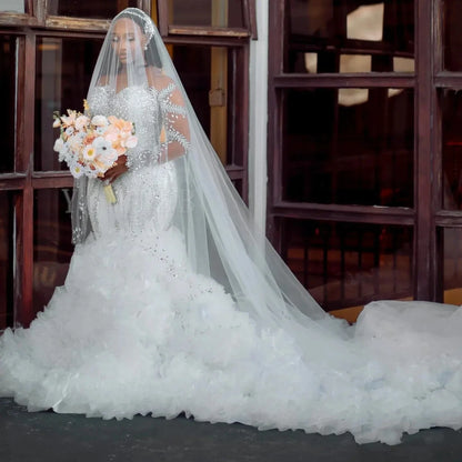 African Wedding Dresses Plus Size Luxury Mermaid Crystal Beaded Illusion Sleeve Ruffle Train High Quality Bridal Gown Customized