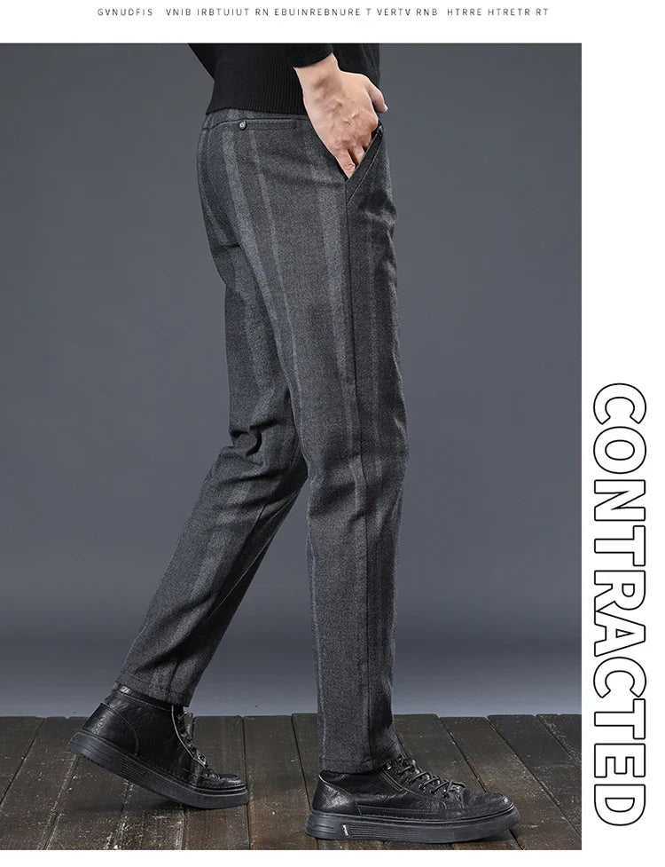 Autumn New Men's Slim Casual Pants  Fashionable Fit Elastic Business Pants High Quality Stripe Classic 3-colors Male Trousers
