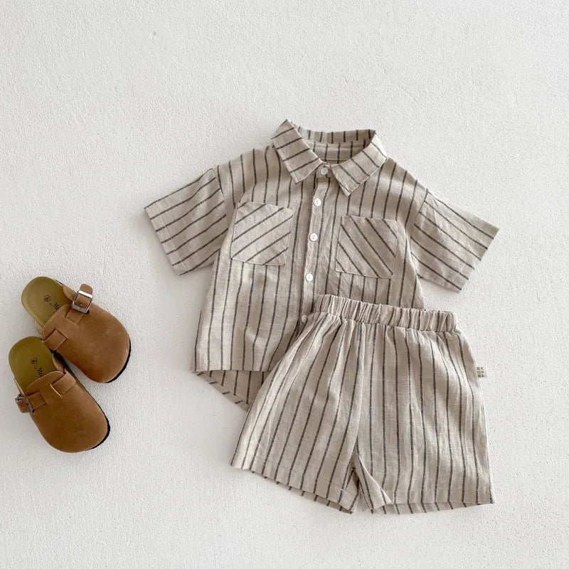 New Summer Korean Style Baby Boys Striped Outfits Cotton Linen Shirts Shorts 2pcs Children Casual Loose Sets