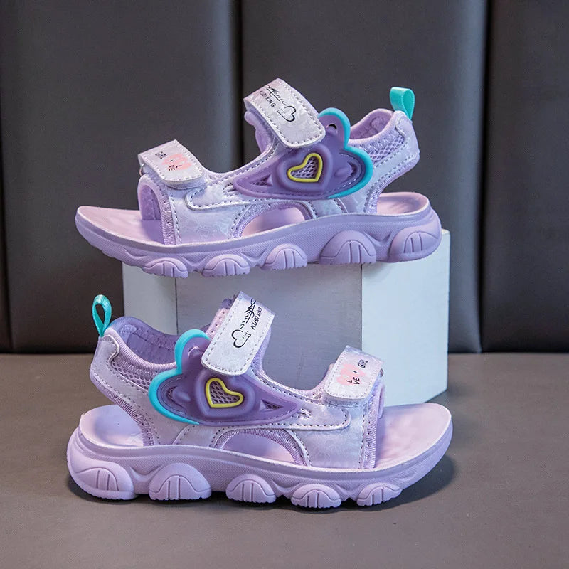 2026 New Summer Girls Sports Sandals Love Heart Decor Soft Non-Slip Beach Sandals For 3-12 Years Old Kids