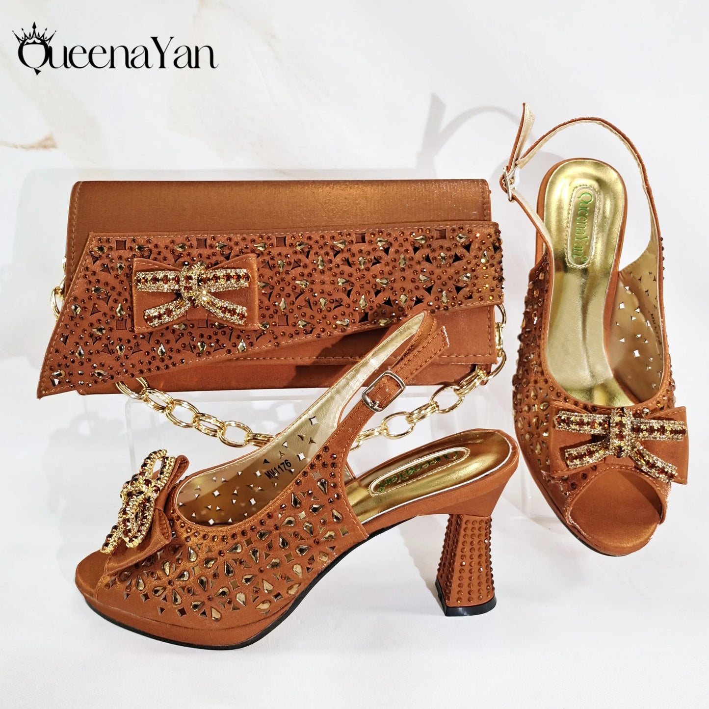 Elegant Mature Style Purple Rhinestone Design Women's Peep Toe High Heels With Matching Handbag Set for Party Wedding or Wokr
