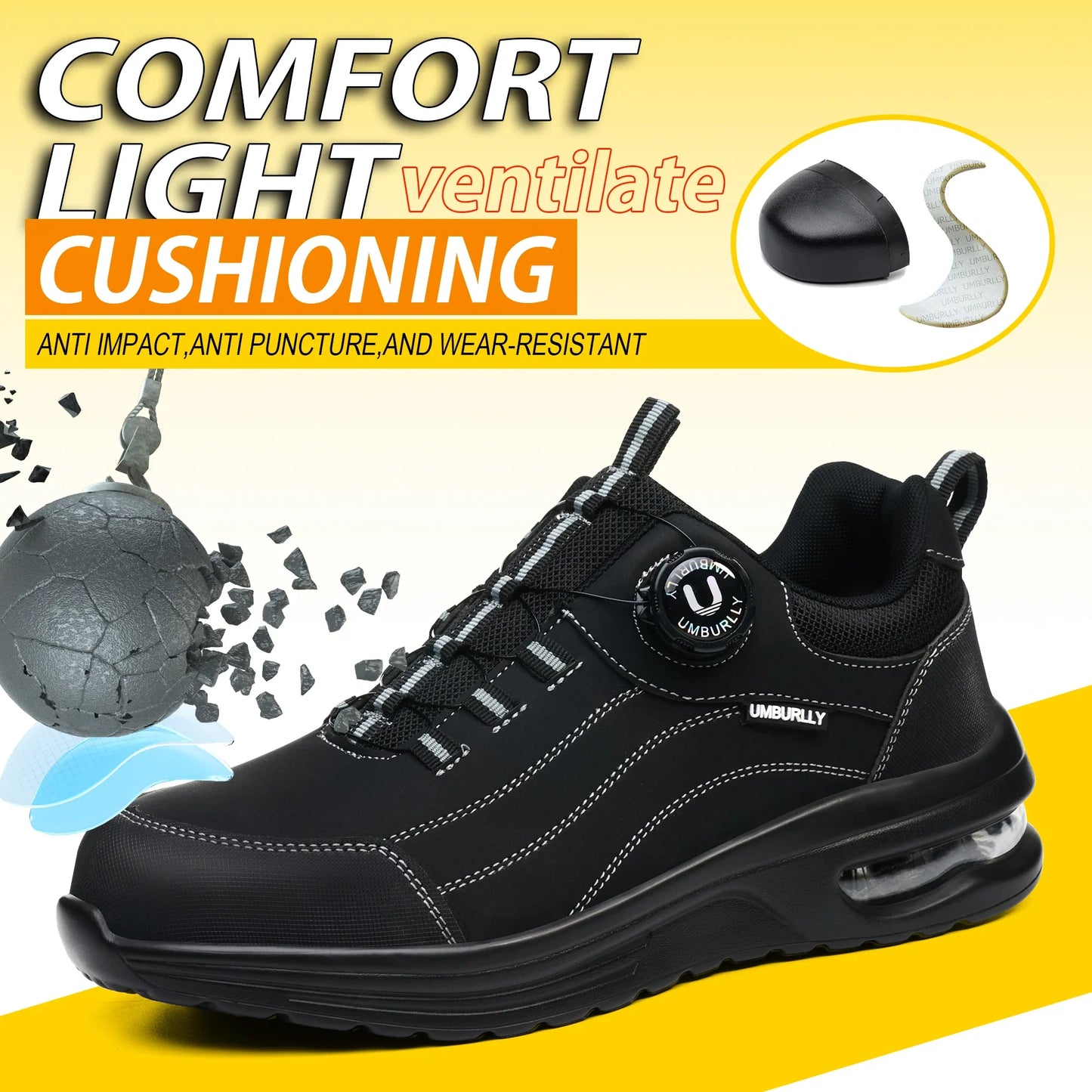 Men's Steel Toe Safety Work Boots Puncture Resistant Kevlar Midsole Air Cushioned Black Button Style Industrial Construction