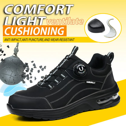 Men's Steel Toe Safety Work Boots Puncture Resistant Kevlar Midsole Air Cushioned Black Button Style Industrial Construction
