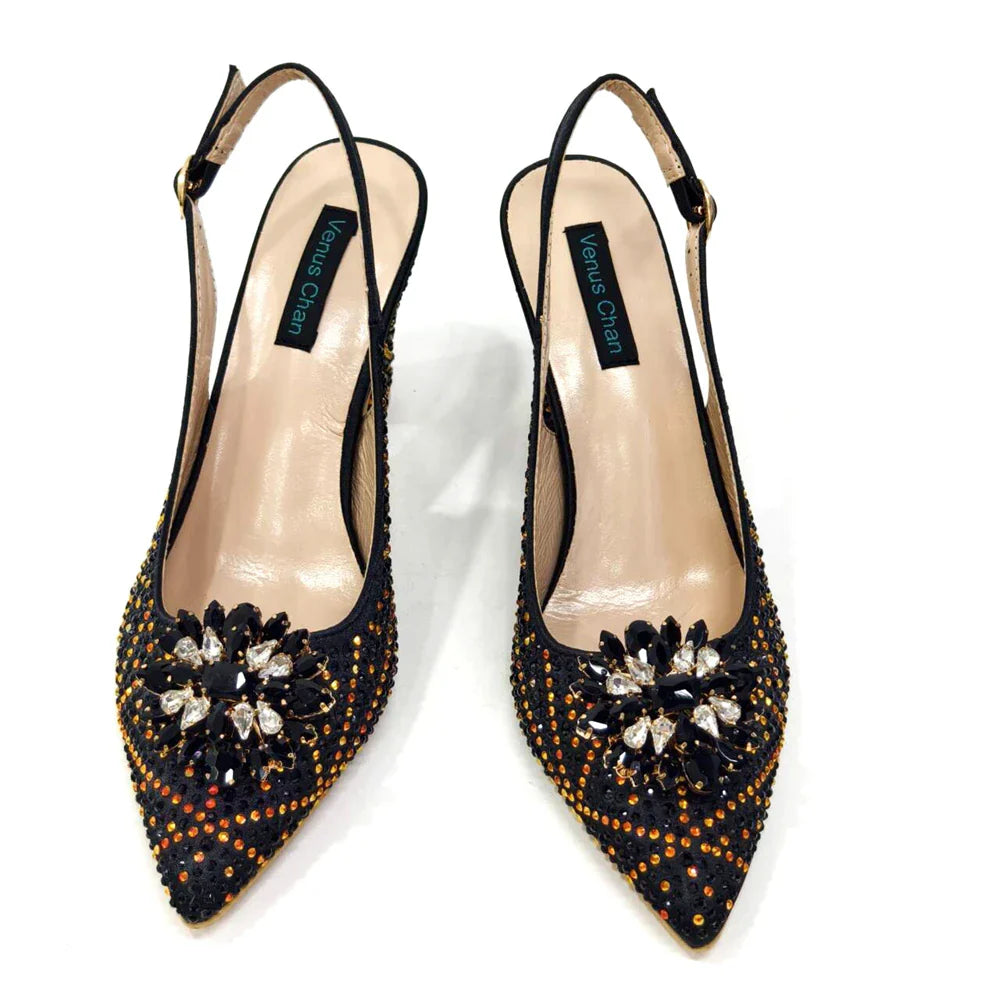 INS Style Green Party Shoe and Bag Set in Women Pointed-Toe Rhinestone High Heels Elegant African Ladies Shoes