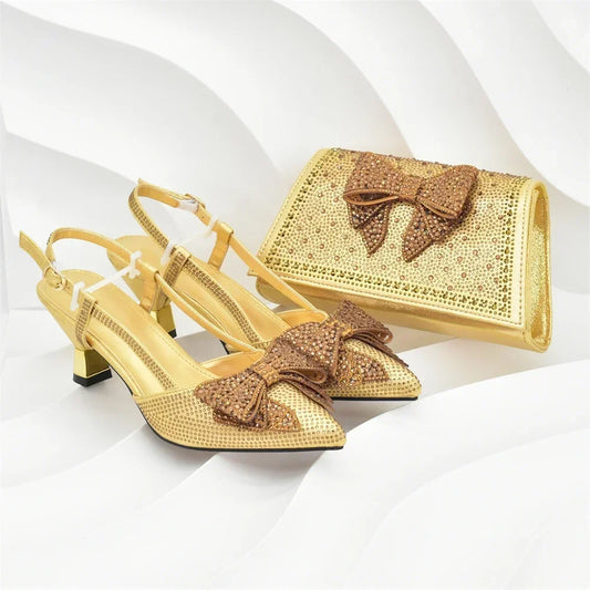 2026 Fashiona Banquet Exquisite Party Top Luxury Pointed Toe Bowtie Bright Diamond Summer Women's High Heels Shoes and Bags Set