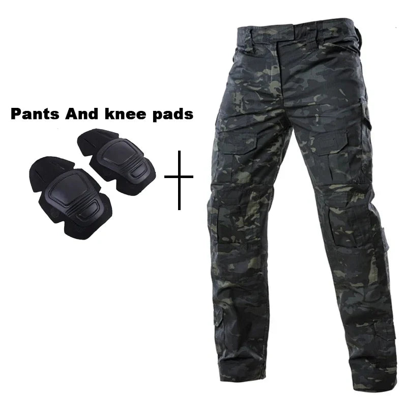 Outdoor Tactical Uniform Military Camo Hiking Training Shirts Workwear Cargo Pants+Pads Airsoft Paintball Hunting Clothes Sets