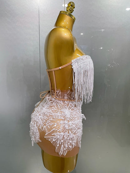 Pearl Sequins Tassel Sleeveless Glitter Mini Dress Women Singer Bar Nightclub Stage Performance Clothing Show Outfit