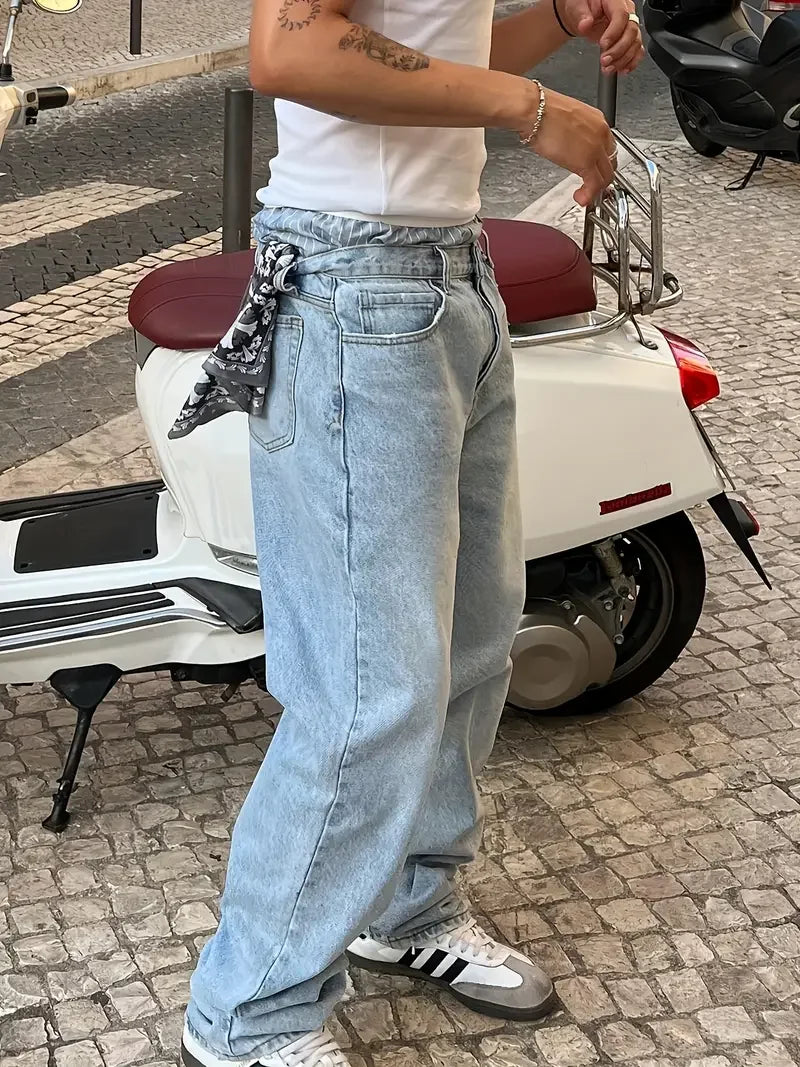Men'S Vintage Washed Blue Loose Fit Jeans - Casual Straight Leg Denim Pants with Zipper Fly, All-Season Comfort, Mid Waist, Casu