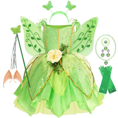 Girls Green Elf Dress Princess Dress Up Children Fairy Dress Halloween Cosplay Beauty Flower Fairy Costume Party Clothing
