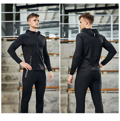 Running Jacket Hooded Jogging Tight Sportswear Quick Dry Men Reflective Training Set Gym Clothes Fitness Compression Sport Suit
