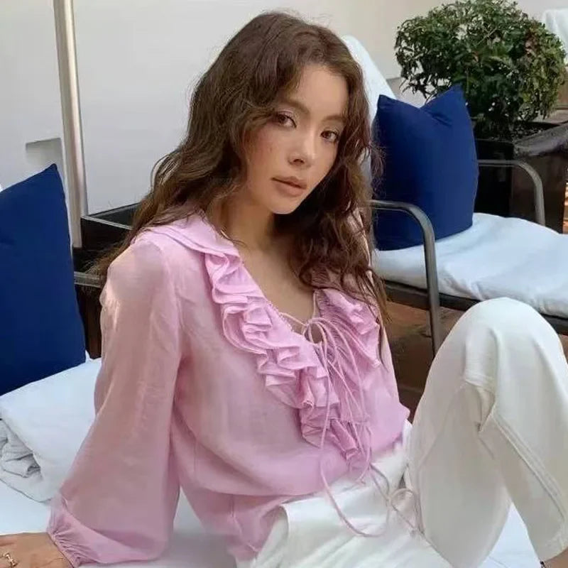 Woman 2025 Oversized Frill Blouse Spring Shirts & Blouses See-Through Chiffon Long Sleeve Top Layered Plus Size Shirts 066
