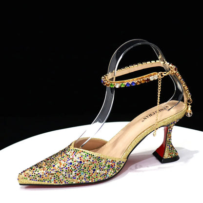 Pointed Shoes Bag Soft Handle Bag Anklet Design Medium Heel Ladies Shoes Suitable for Wedding Party