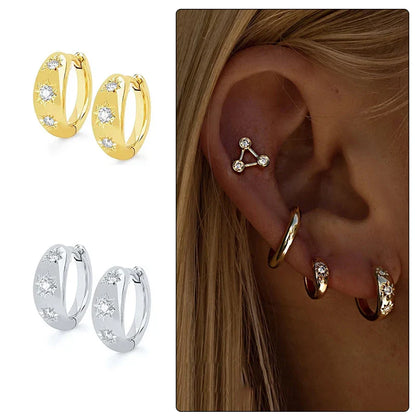 Ins Star Anise 925 Sterling Silver  Earring For Women Hoop Earrings Crystal Fine Jewelry Glossy 18K Gold Mom Gift Trend