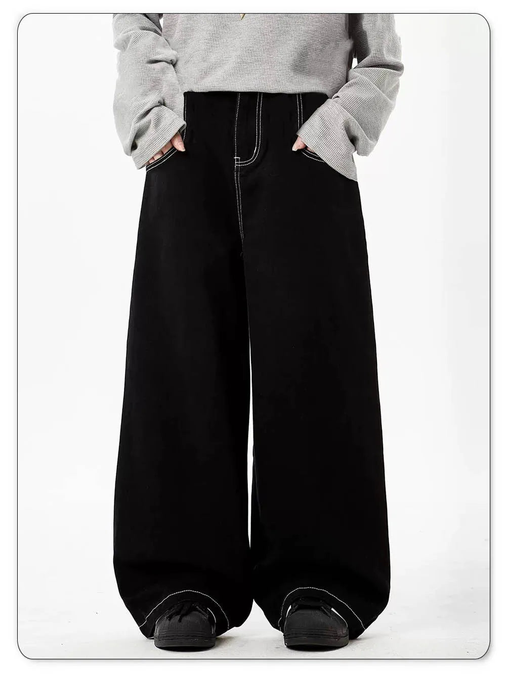 Spring Summer Men's Retro Black Baggy Wide Leg Jeans American Basic Unisex Daily Casual Denim Pants Women's Black Stacked Jeans