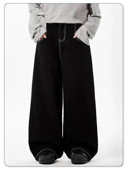Spring Summer Men's Retro Black Baggy Wide Leg Jeans American Basic Unisex Daily Casual Denim Pants Women's Black Stacked Jeans