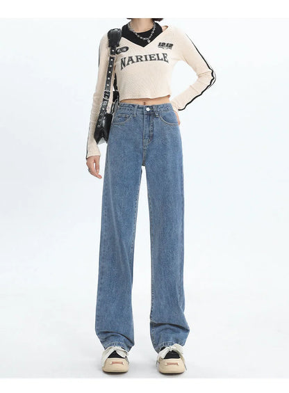 Calça Jeans Casual De Cintura Alta E Perna Larga Retrô Versátil
