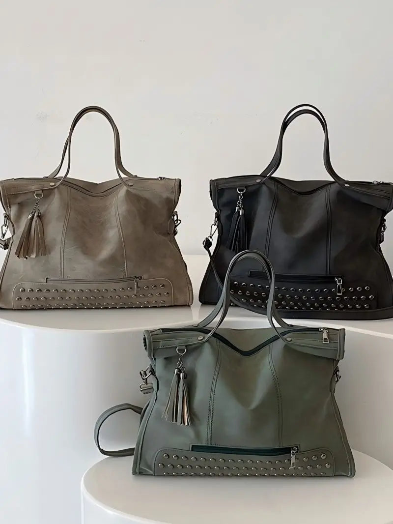 Vintage Designer Luxury Women Tote Bag Casual Lage Capacity Handbags Fashion Rivet Tassel PU Leather Female Shoulder Bag