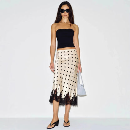 Women's Polka Dot Print Satin Skirt Sexy Lace Patchwork High Waist Skirts Chic Commute Street Party Lady Clothes for 2026 Summer