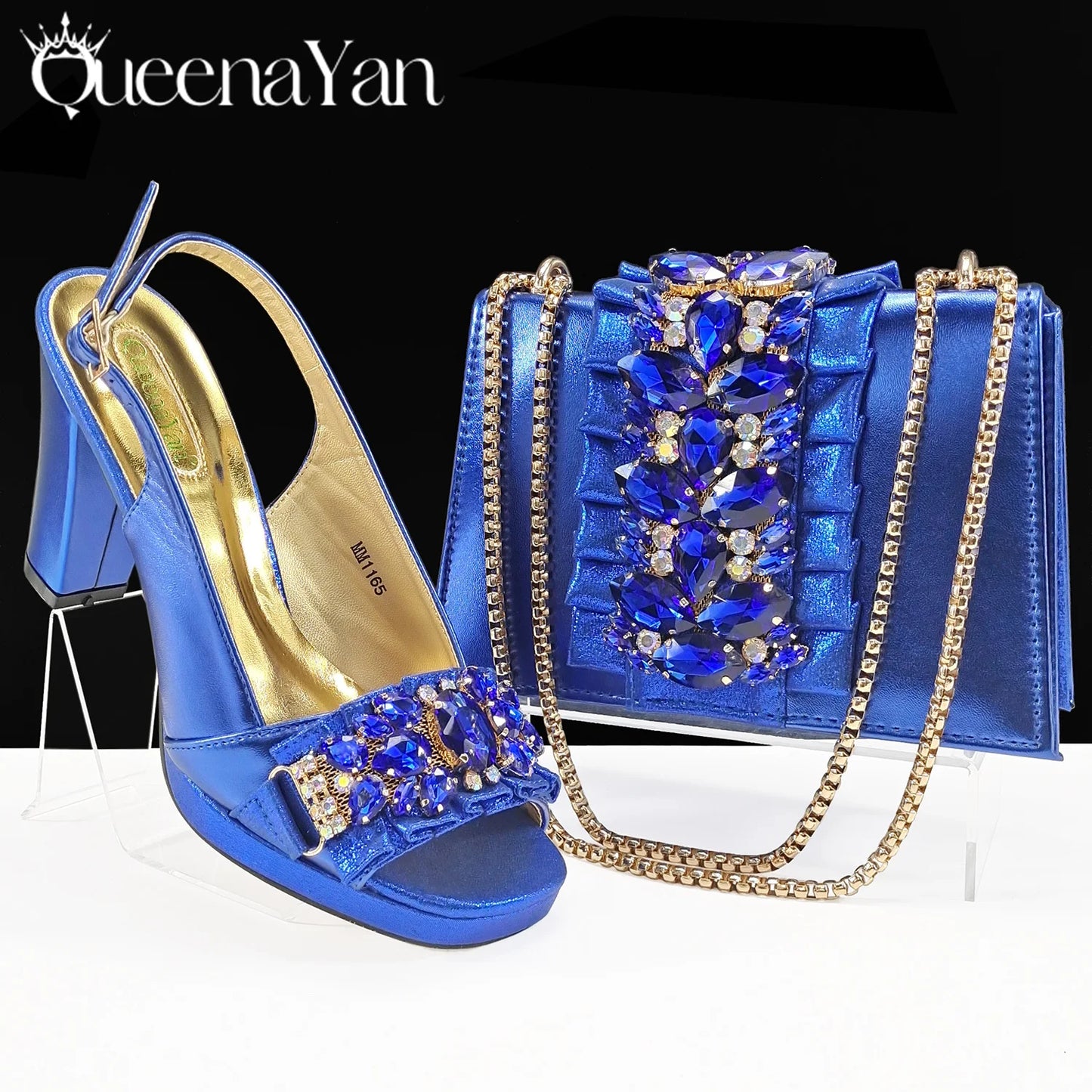 Spot goods INS Gold Color Elegant Women Heels Shoes and Bag Set Decoration Rhinestones Women High Heels Shoes