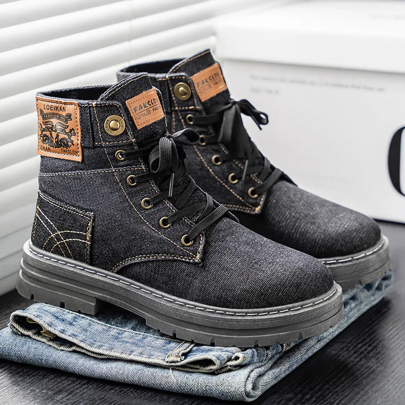 Men's high top denim boots, casual sports shoes, trendy and fashionable men's boots