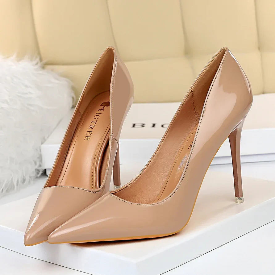 Women 7.5cm 10.5cm High Heels Wedding Bridal Classic Pumps Lady Scarpins Metallic Leather Low Heels Stiletto Nude Office Shoes