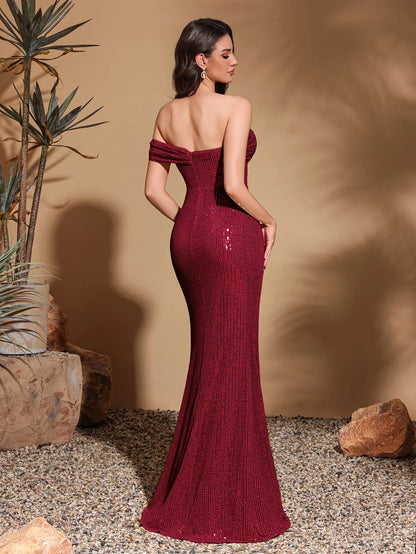 Sequined hip-hugging dress with one side hanging sleeves, elegant and chic dress