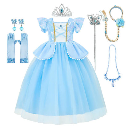 Girls Cosplay Cinderella Costume Deluxe Lace Dress Birthday Party Princess Fairy Tale Grace Ball Gown Butterfly Clothes