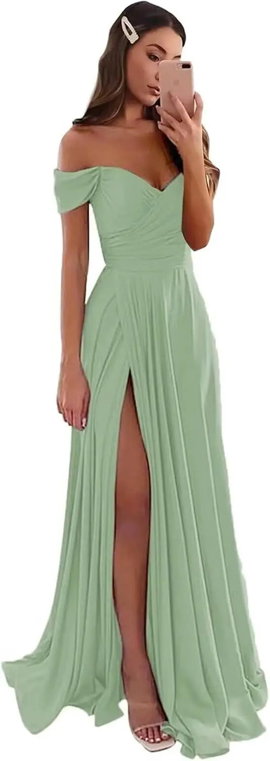 Women's Satin Prom Dresses Long Slit Formal Dresses Off Shoulder Evening Wedding Party Gowns Ruched Sweetheart Lace up Back