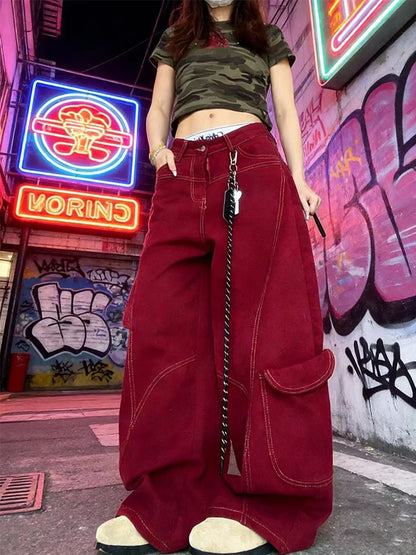 Street Vintage Jeans New Y2K Harajuku Wash Red Streetwear Baggy Jeans Denim Pants Mens Womens High Waist Wide Trousers 2025