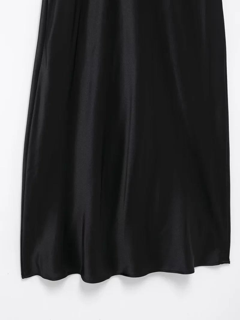 Satin Long Dress Woman Black Draped Midi Dresses for Women Elegant Party Women Dresses Short Sleeve Chic Female Dress