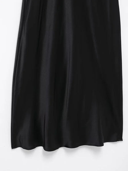 Satin Long Dress Woman Black Draped Midi Dresses for Women Elegant Party Women Dresses Short Sleeve Chic Female Dress